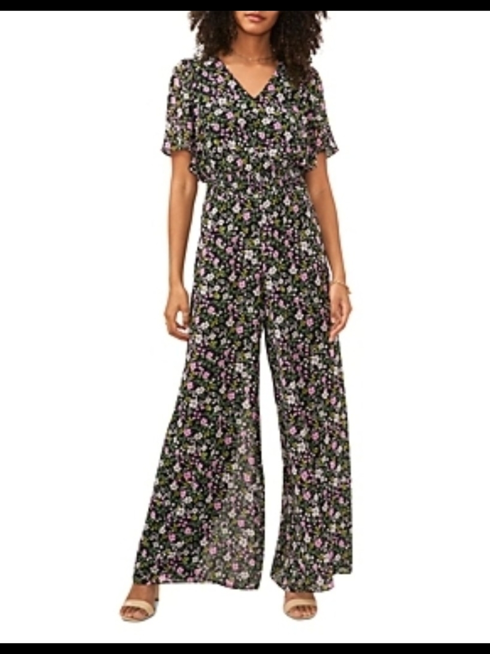NWT Vince Camuto Black Floral V-Neck Wide-Leg Jumpsuit with Pink Blossoms  M